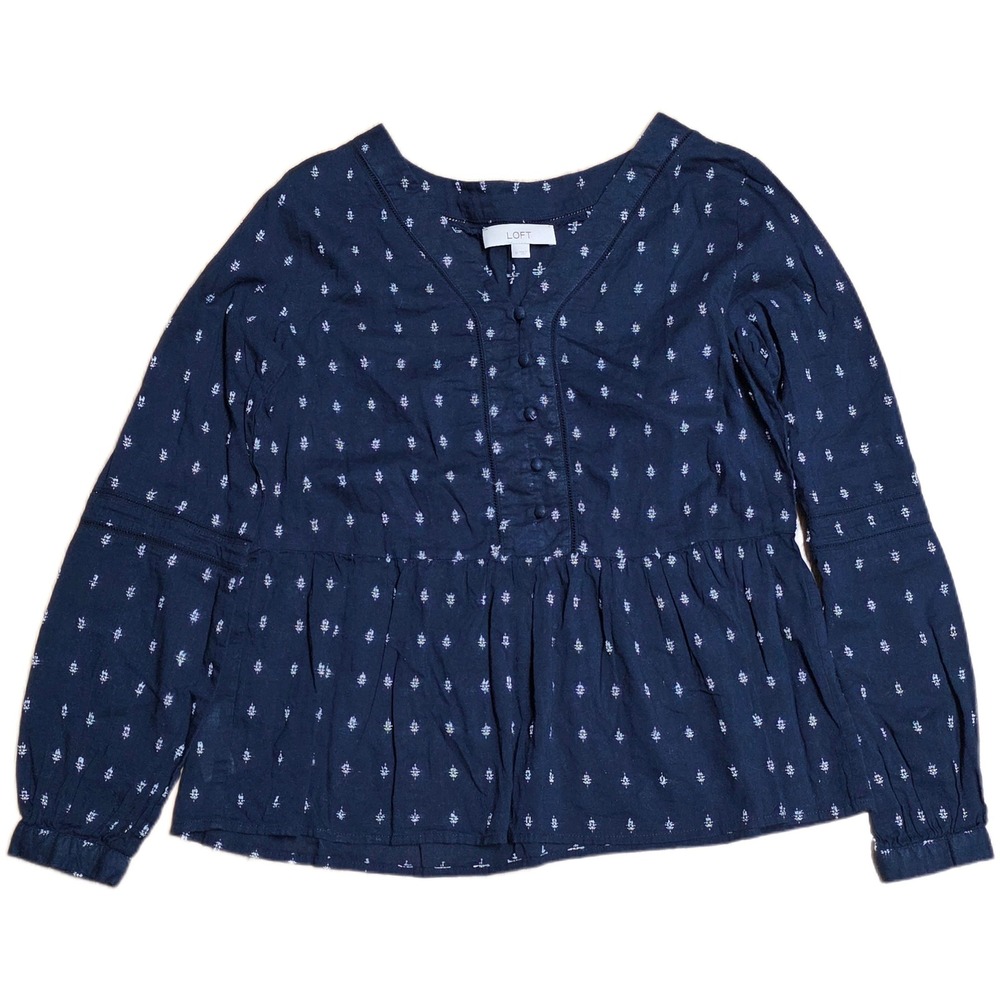 LOFT Peplum Blouse Long Sleeve Women's Size M Navy Blue White Boho‎ Peasant